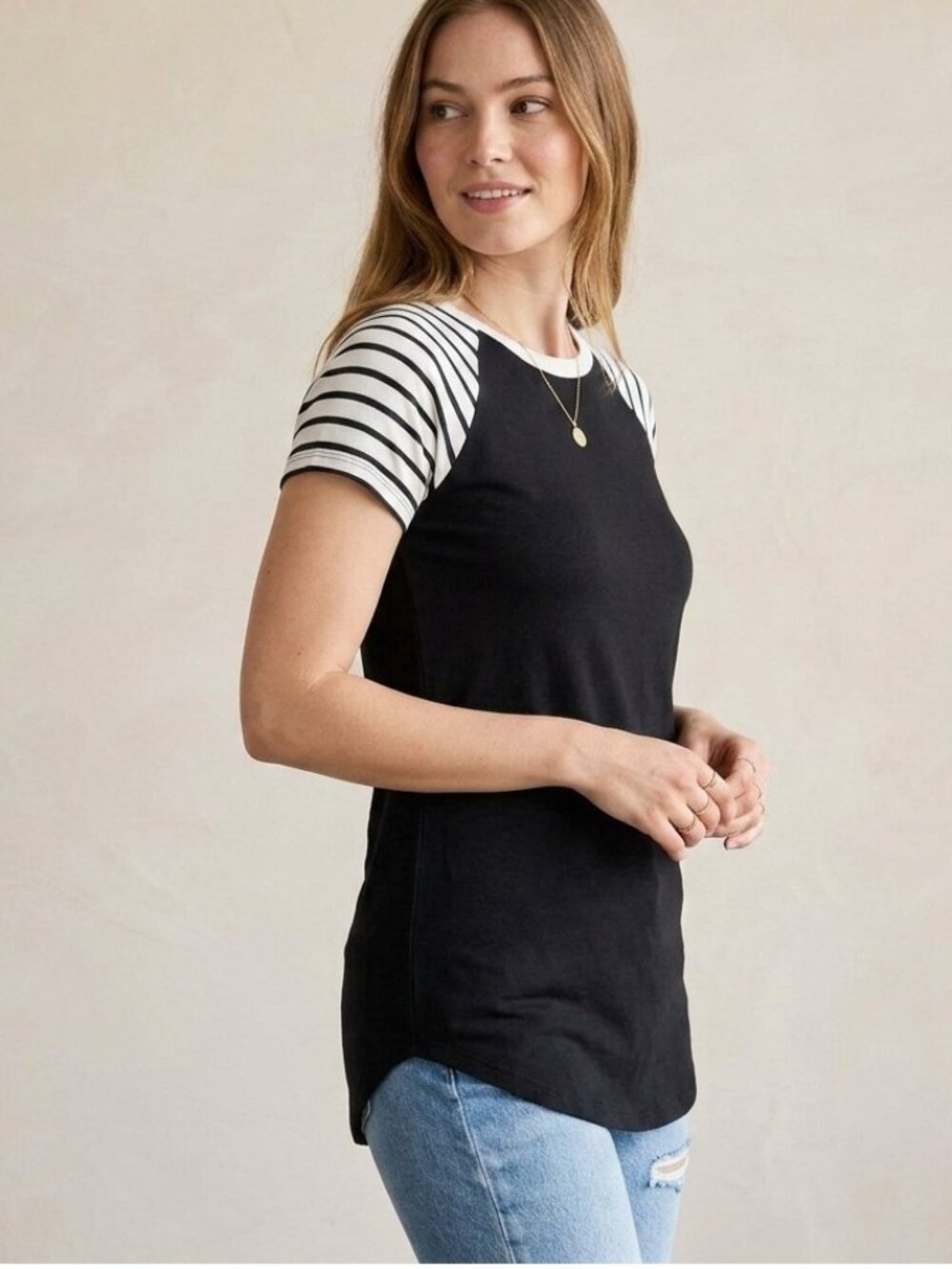 Color Block Baseball Tee Striped Shirt Soft Fabric